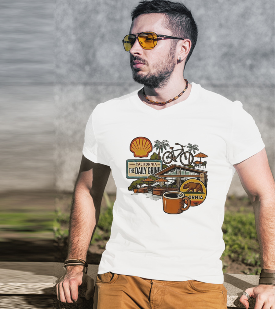 California The Daily Grind Shell Coffee Bear Bike Palms T-Shirt
