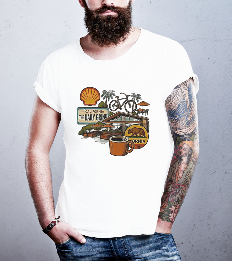 California The Daily Grind Shell Coffee Bear Bike Palms T-Shirt