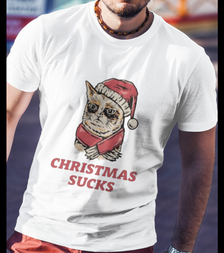 Cat Santa Hat Christmas Sucks Grumpy Humor T-Shirt