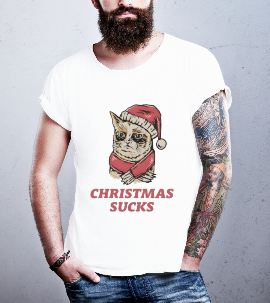 Cat Santa Hat Christmas Sucks Grumpy Humor T-Shirt