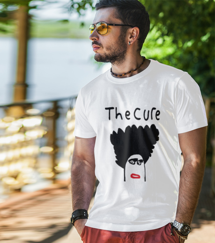 Kieran Maguire Wearing The Cure Text Bold Face Black Hair Red Lips T-Shirt