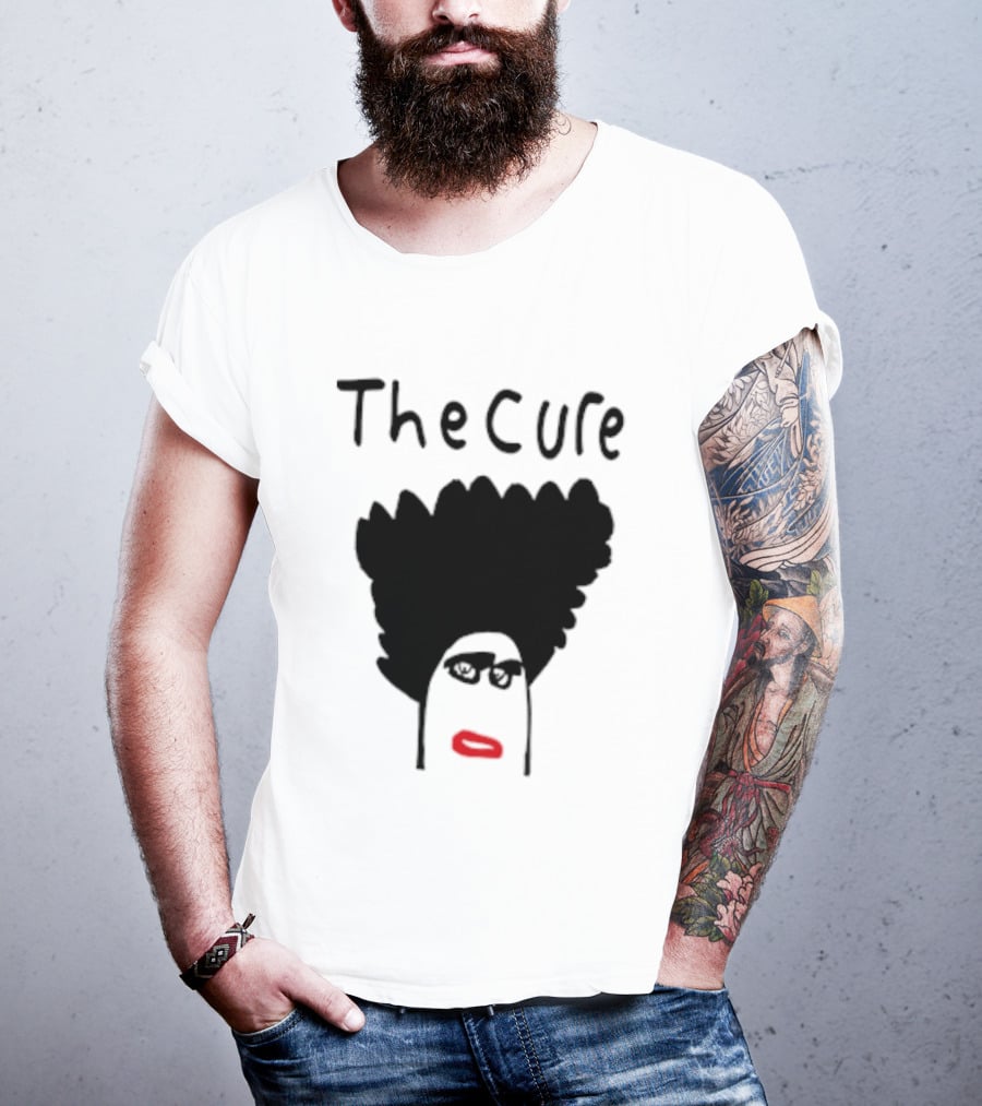 Kieran Maguire Wearing The Cure Text Bold Face Black Hair Red Lips T-Shirt
