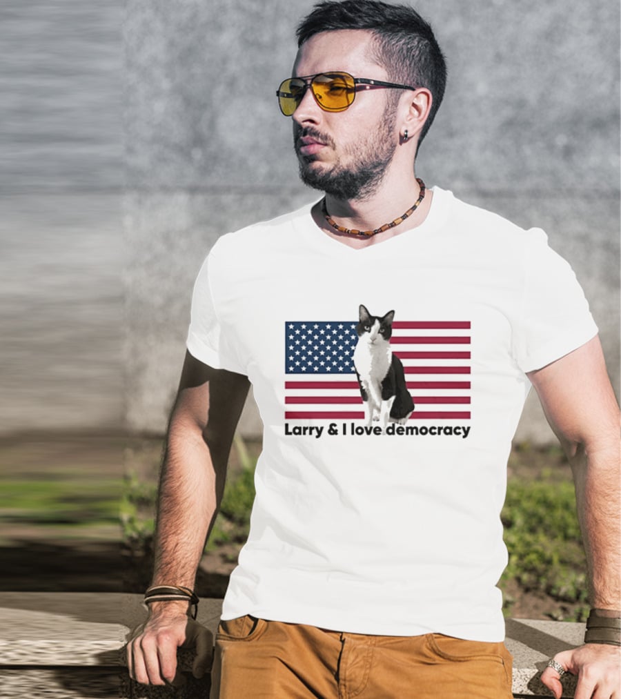 Larry I Love Democracy Cat American Flag T-Shirt
