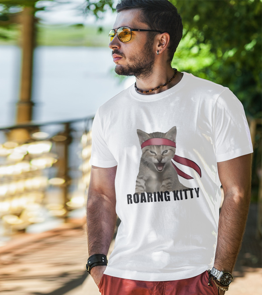 Roaring Kitty Kitten In Red Headband Stock Market Meme T-Shirt
