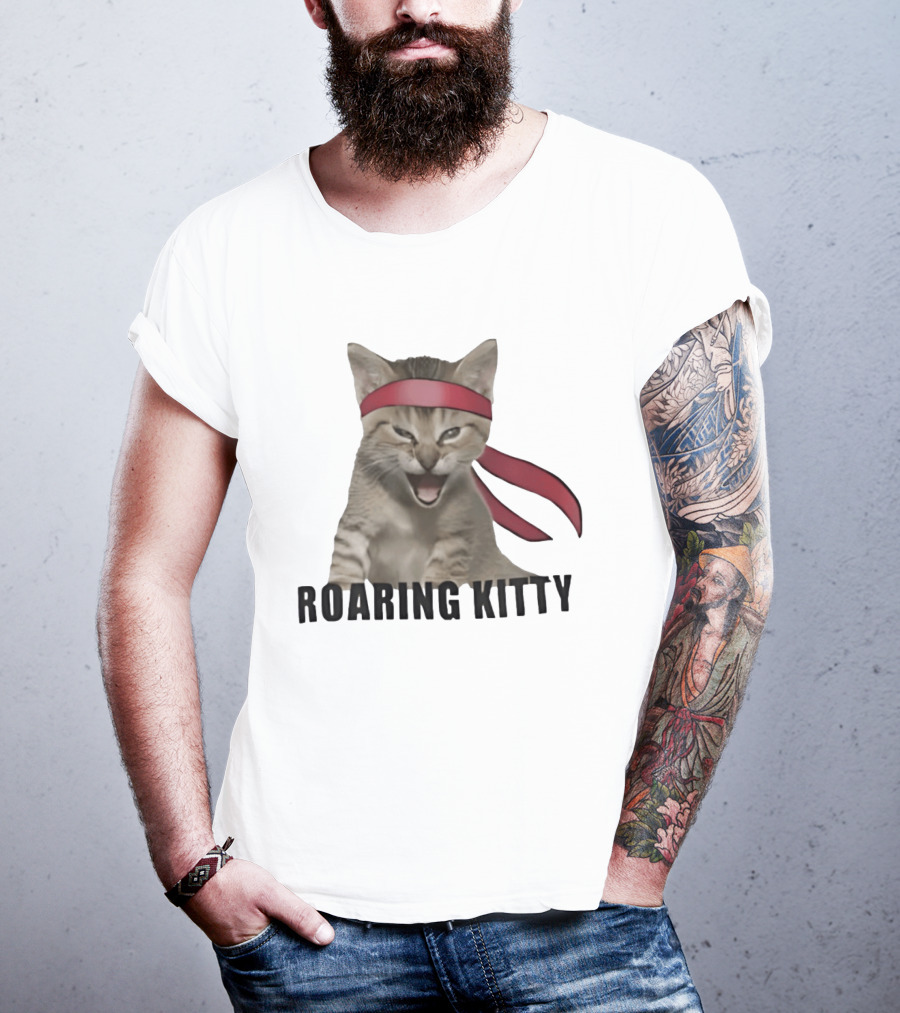Roaring Kitty Kitten In Red Headband Stock Market Meme T-Shirt