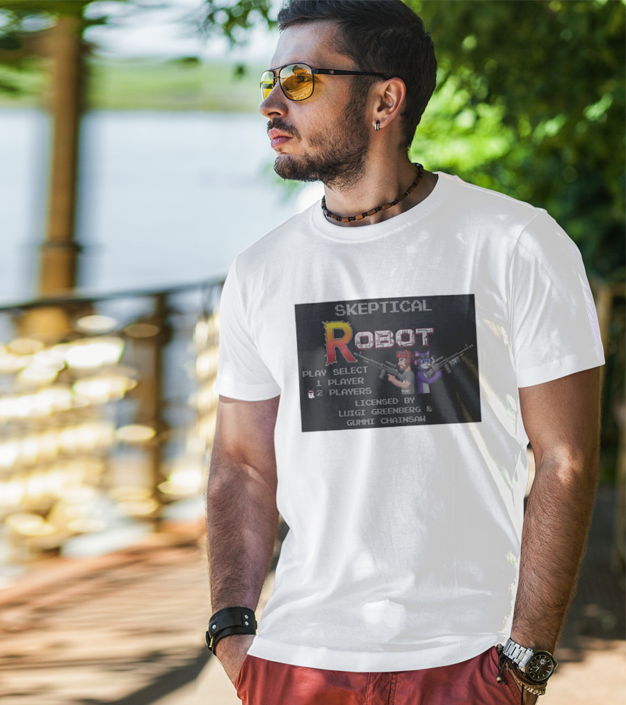 Skeptical Robot Play Select Luigi Greenberg Gummi Chainsaw T-Shirt