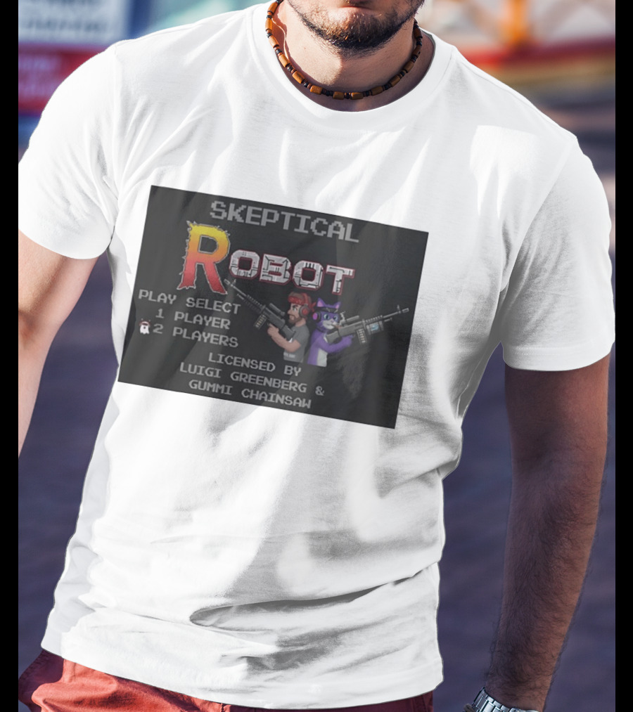 Skeptical Robot Play Select Luigi Greenberg Gummi Chainsaw T-Shirt