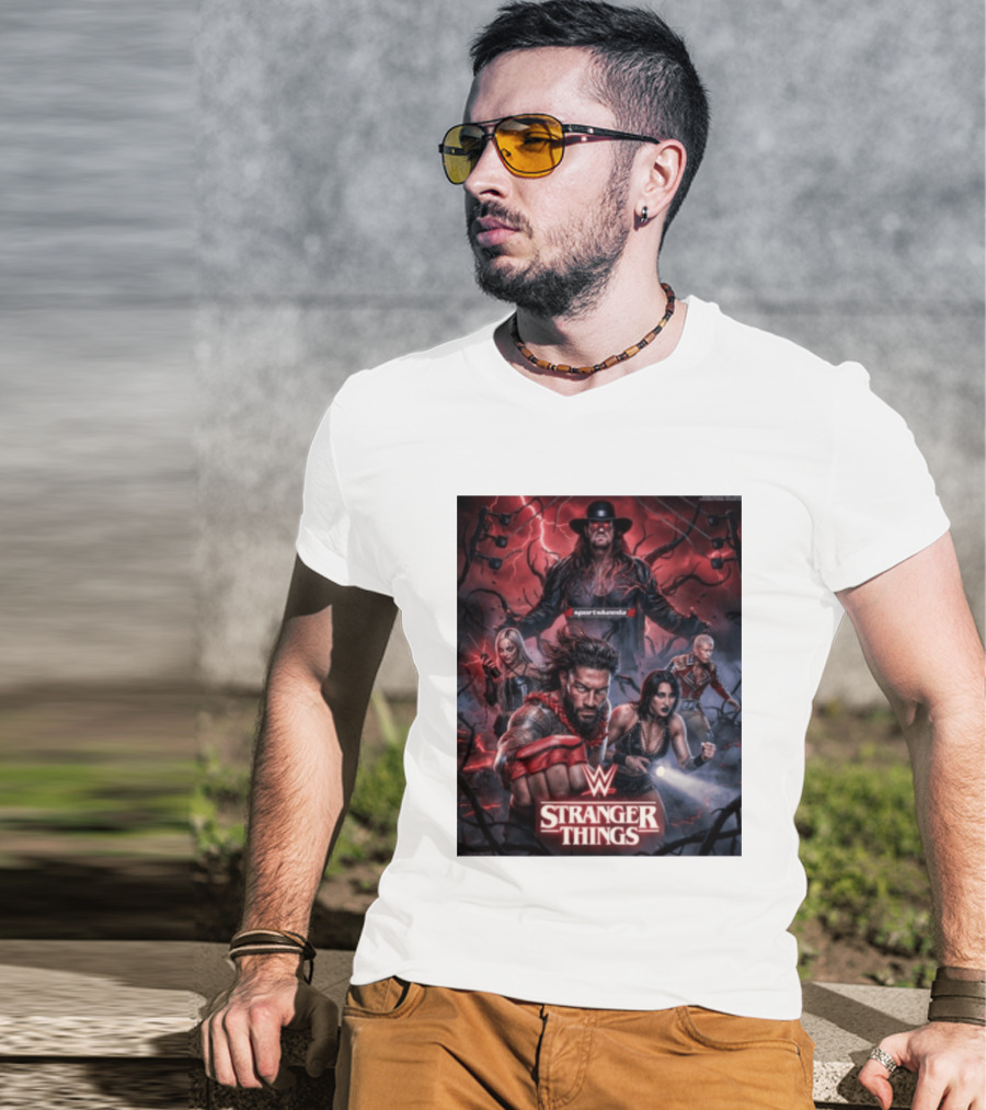 WWE And Stranger Things Crossover With The Undertaker, Roman Reigns, Cody Rhodes, Rhea Ripley, And Liv Morgan T-Shirt