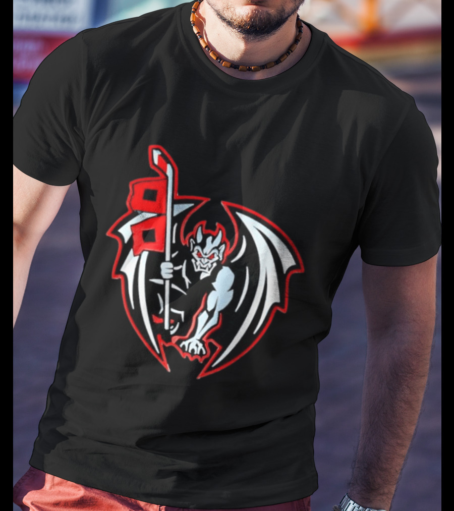 Greensboro Gargoyles Hockey Team Winged Gargoyle Holding Hockey Stick With Red Flag T-Shirt