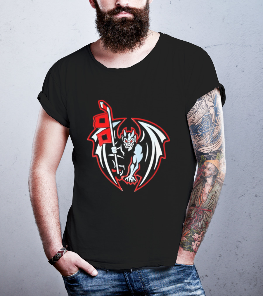 Greensboro Gargoyles Hockey Team Winged Gargoyle Holding Hockey Stick With Red Flag T-Shirt