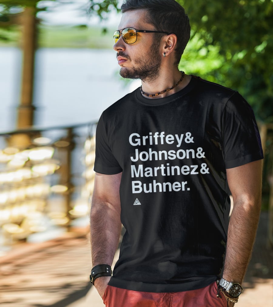 Griffey Johnson Martinez Buhner White Sans Serif Text Triangular T-Shirt