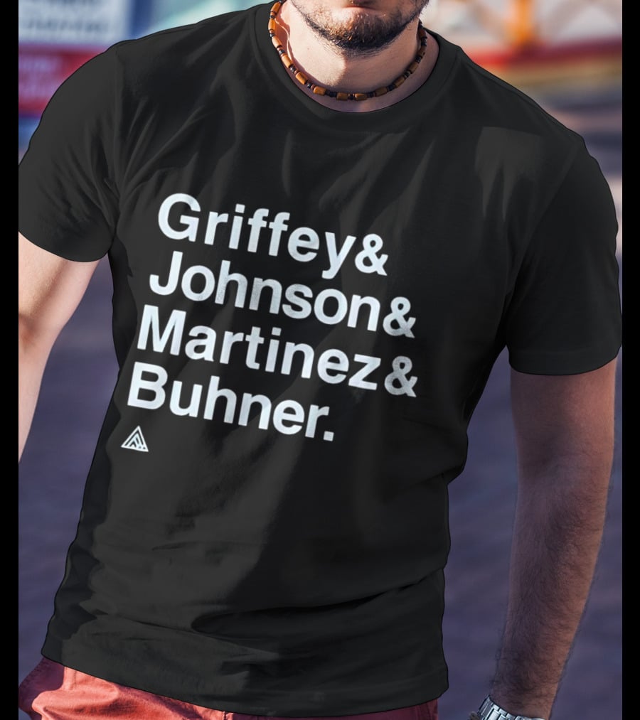 Griffey Johnson Martinez Buhner White Sans Serif Text Triangular T-Shirt