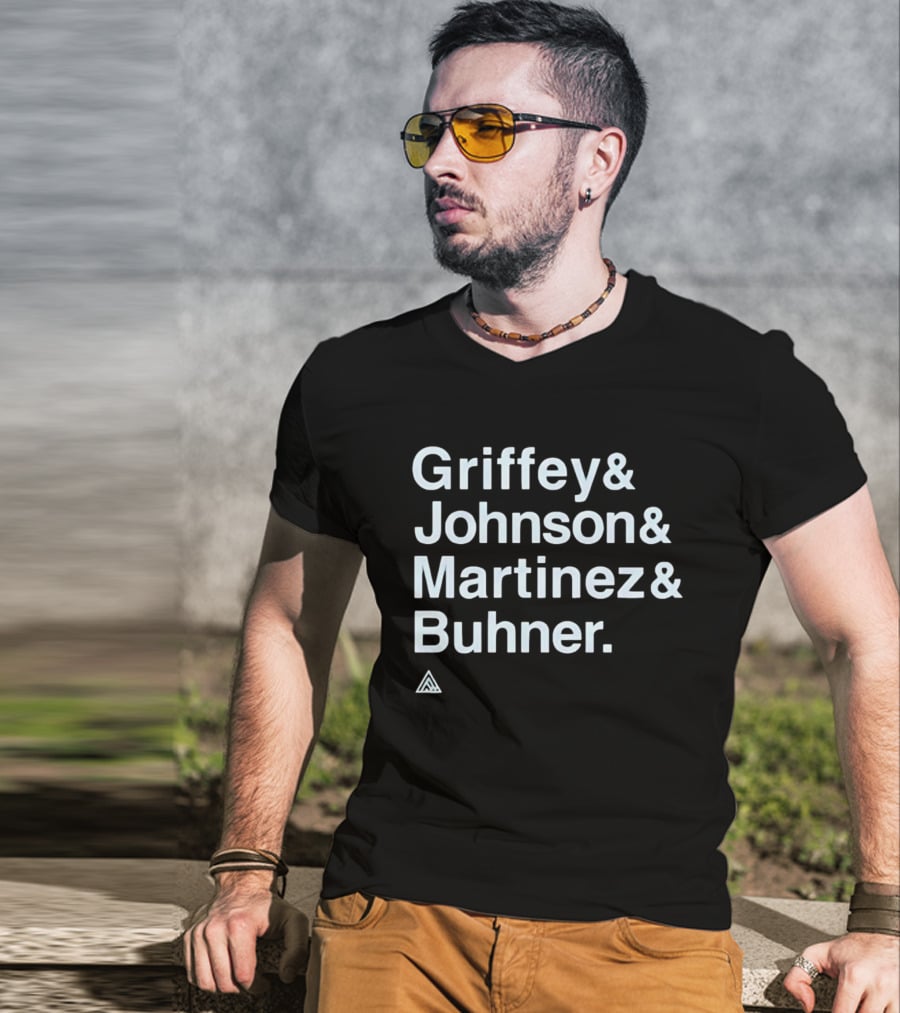 Griffey Johnson Martinez Buhner White Sans Serif Text Triangular T-Shirt