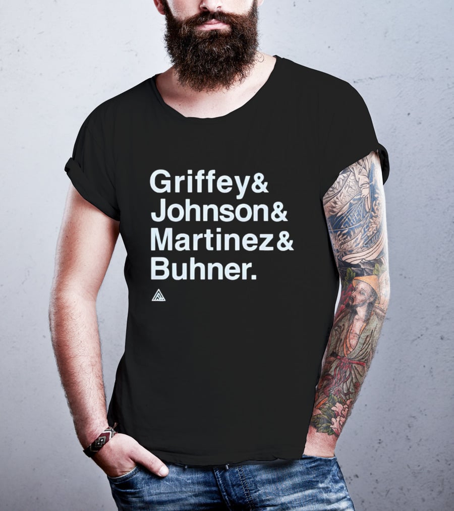 Griffey Johnson Martinez Buhner White Sans Serif Text Triangular T-Shirt
