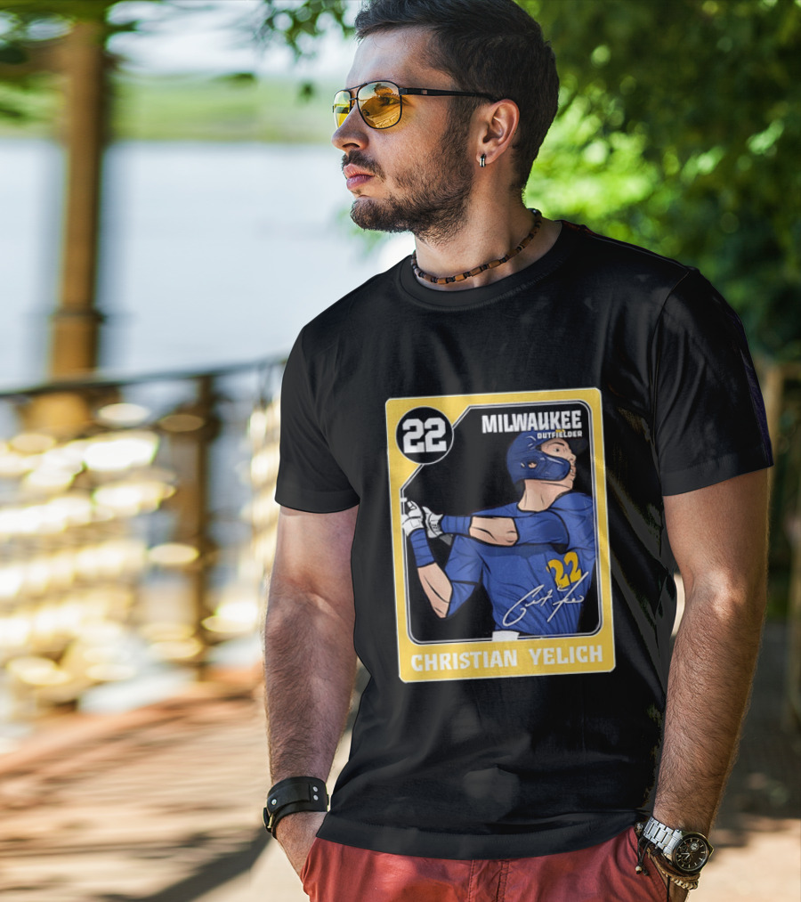 Christian Yelich Milwaukee Outfielder 22 Blue Jersey Yellow T-Shirt