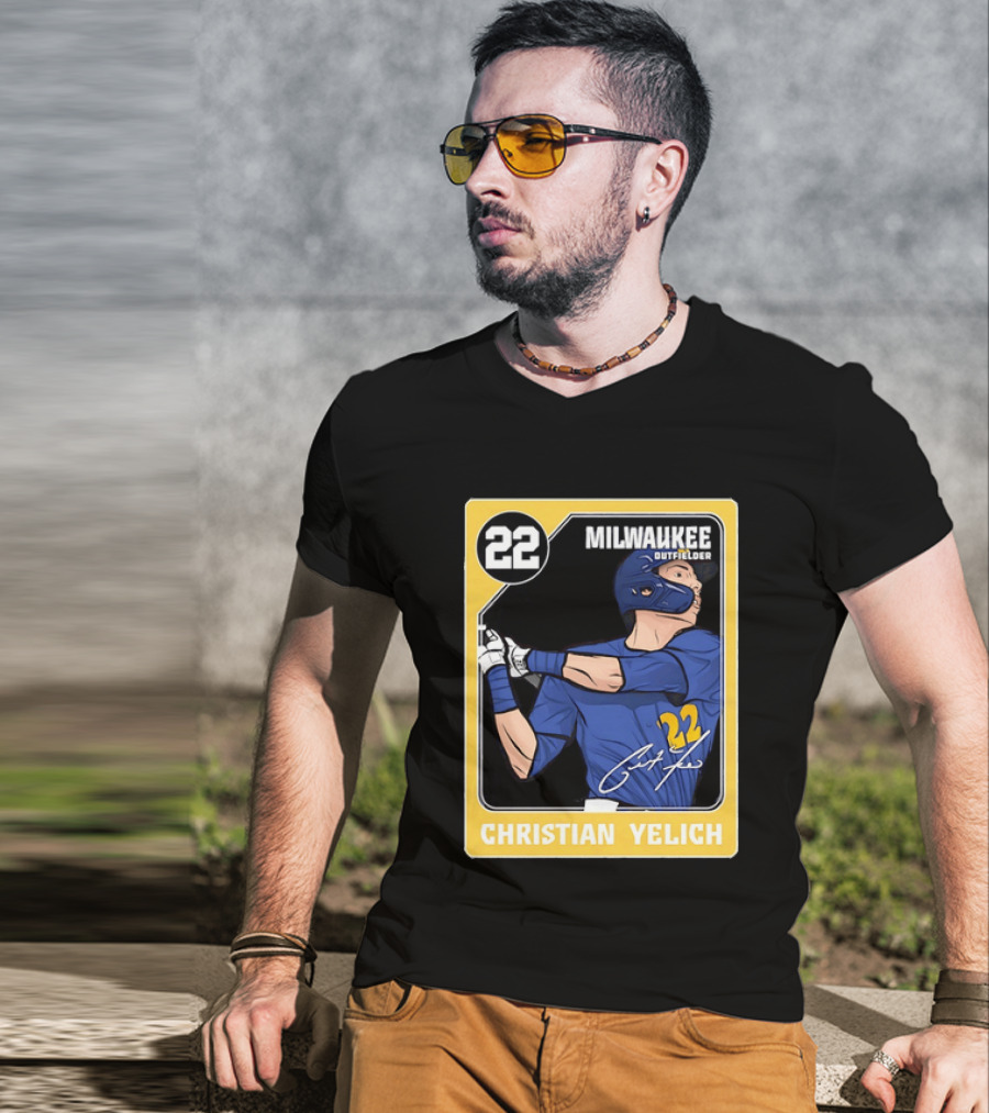 Christian Yelich Milwaukee Outfielder 22 Blue Jersey Yellow T-Shirt