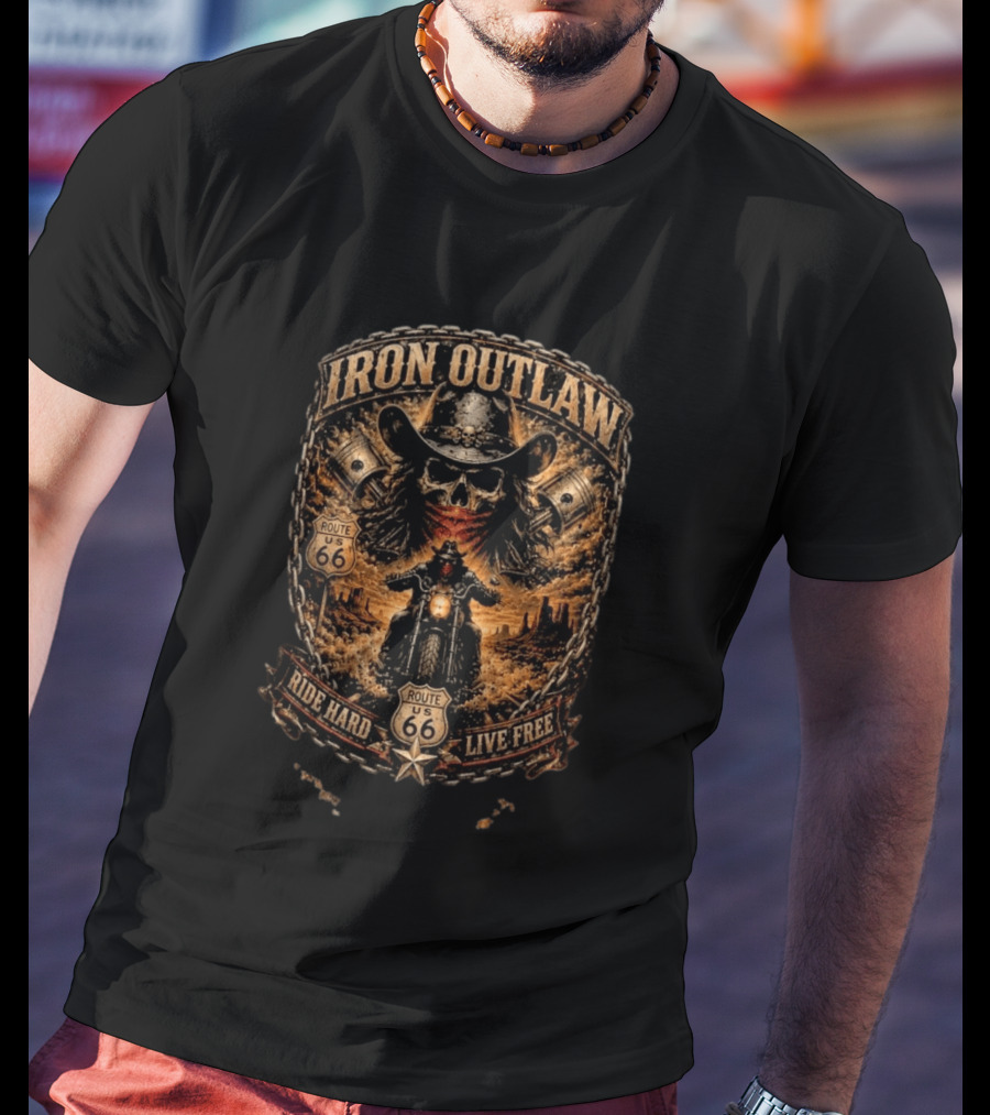 Iron Outlaw Cowboy Skull Motorcycle Route 66 Ride Hard Live Free T-Shirt