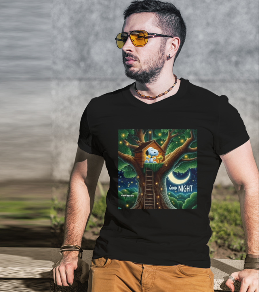 Leave A Heart If You Love Snoopy Good Night Treehouse Moonlit Scene T-Shirt