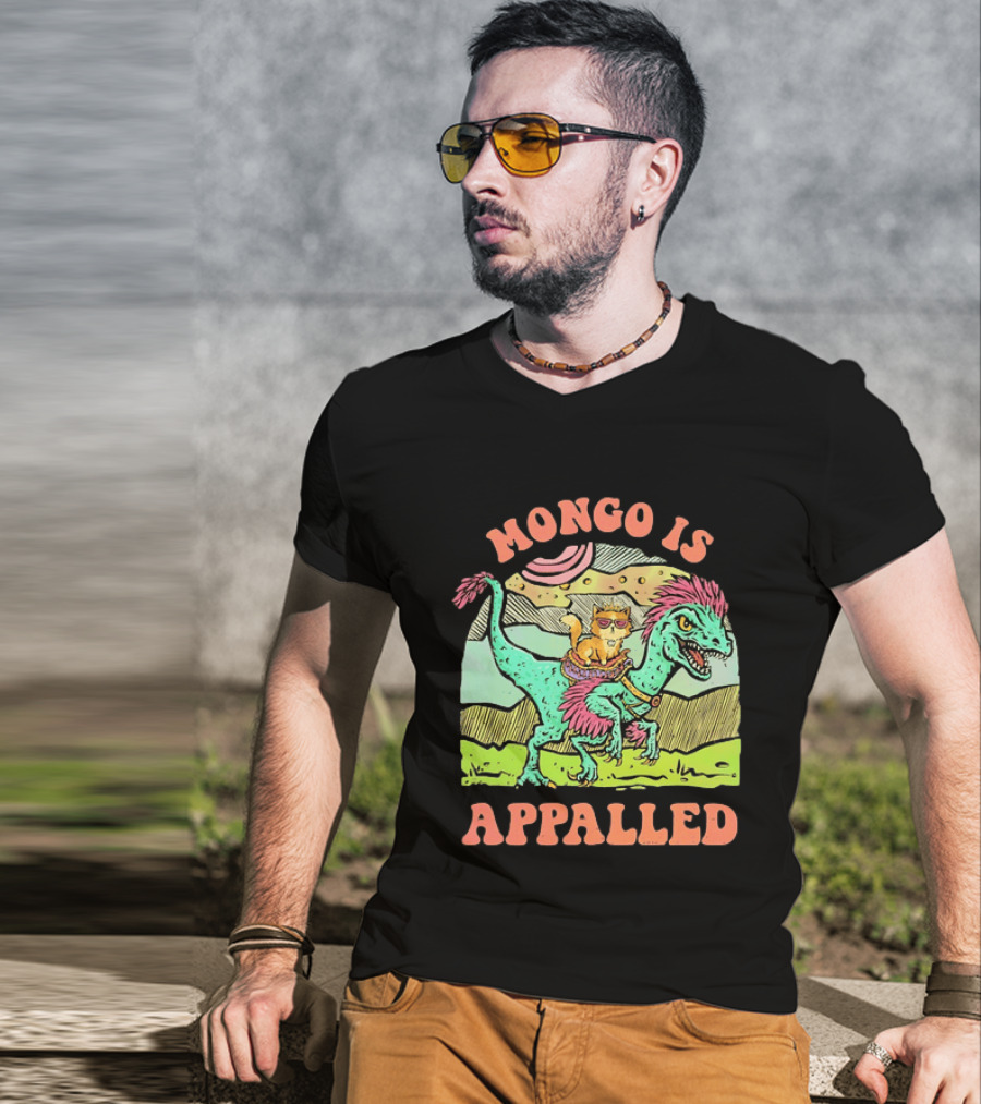 Mongo Is Appalled Cat Riding Dinosaur Raptor T-Shirt