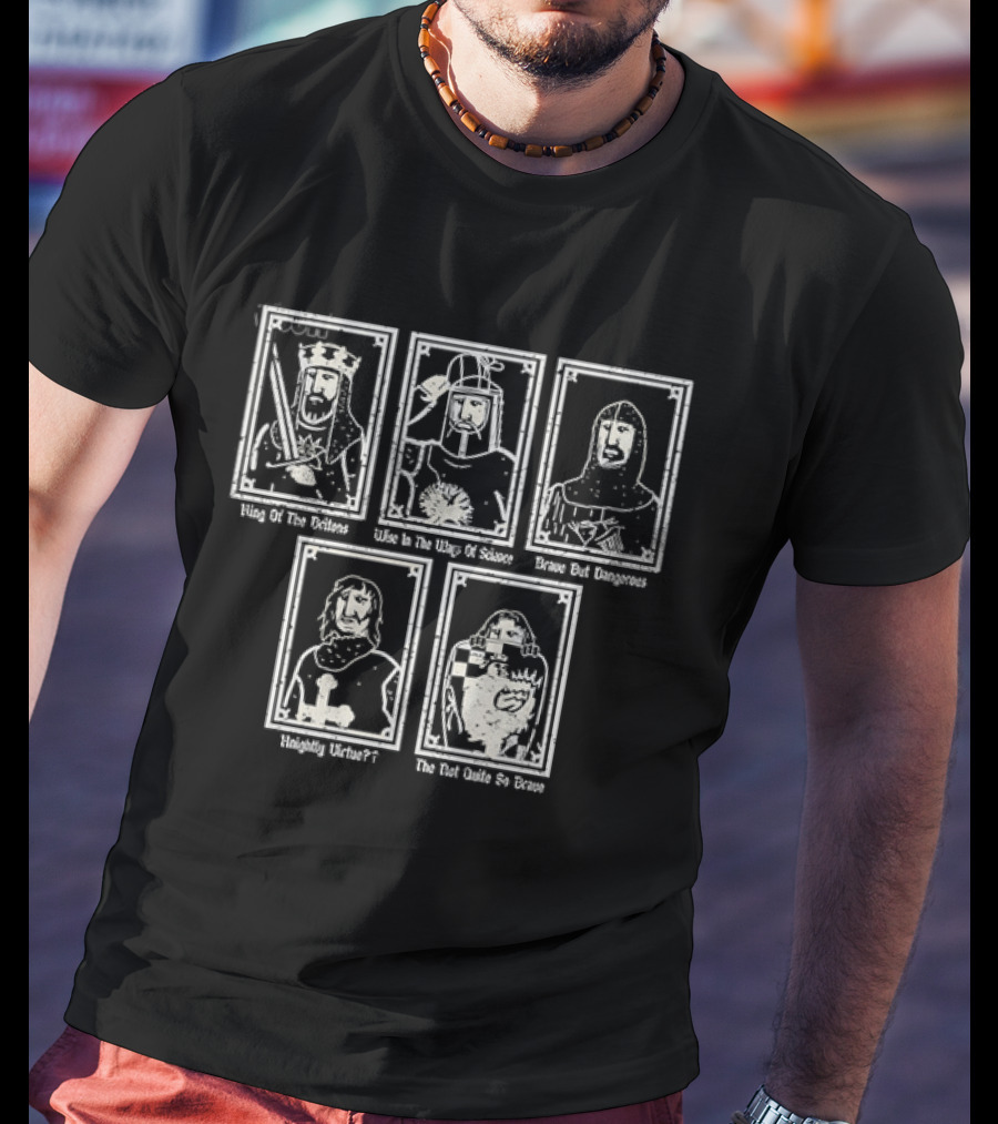 Monty Python And The Holy Grail King Arthur Sir Bedevere Sir Lancelot Patsy Black Knight T-Shirt