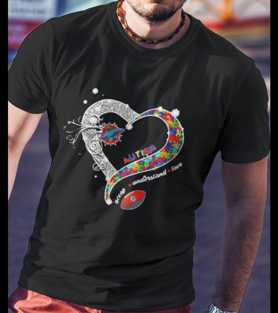 Miami Dolphins Autism Accept Understand Love Heart Diamond Puzzle T-Shirt