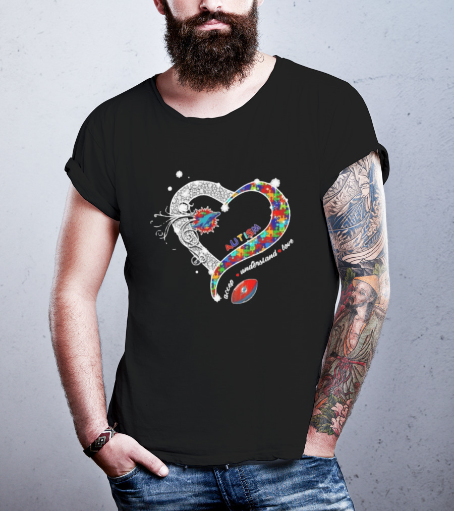 Miami Dolphins Autism Accept Understand Love Heart Diamond Puzzle T-Shirt