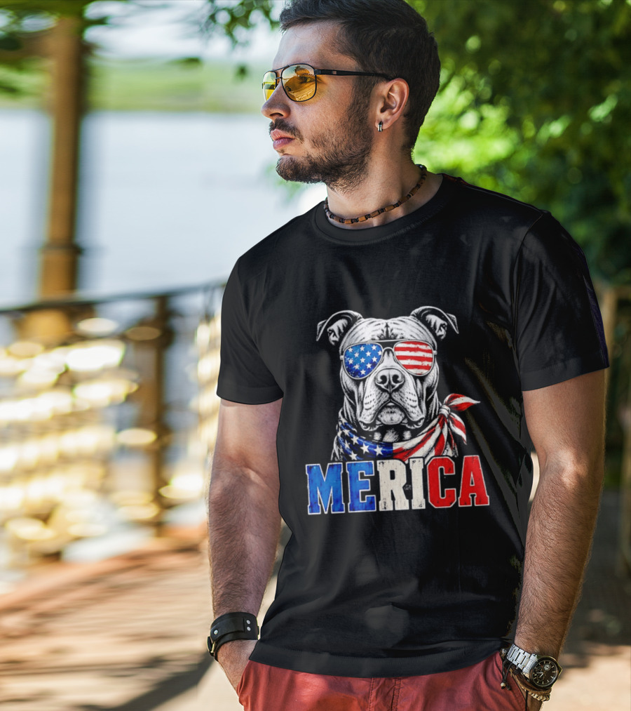Patriotic Pit Bull Merica Dog With American Flag Sunglasses And Bandana T-Shirt