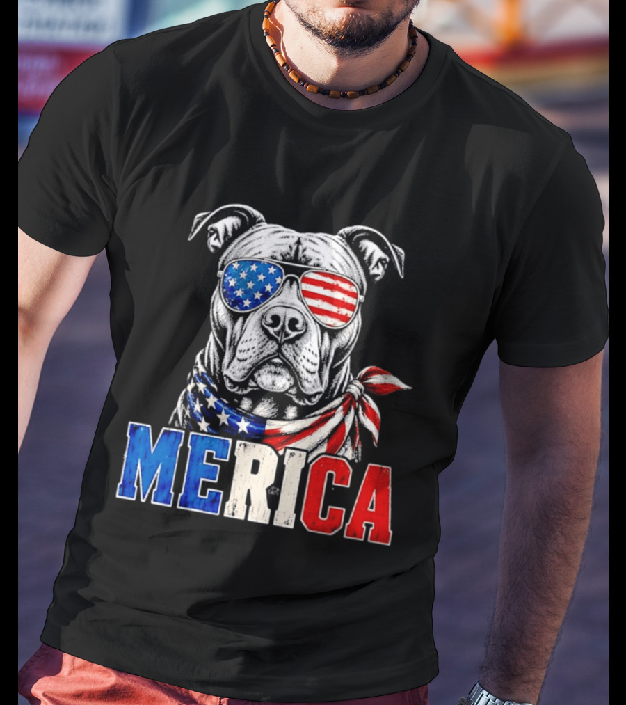 Patriotic Pit Bull Merica Dog With American Flag Sunglasses And Bandana T-Shirt