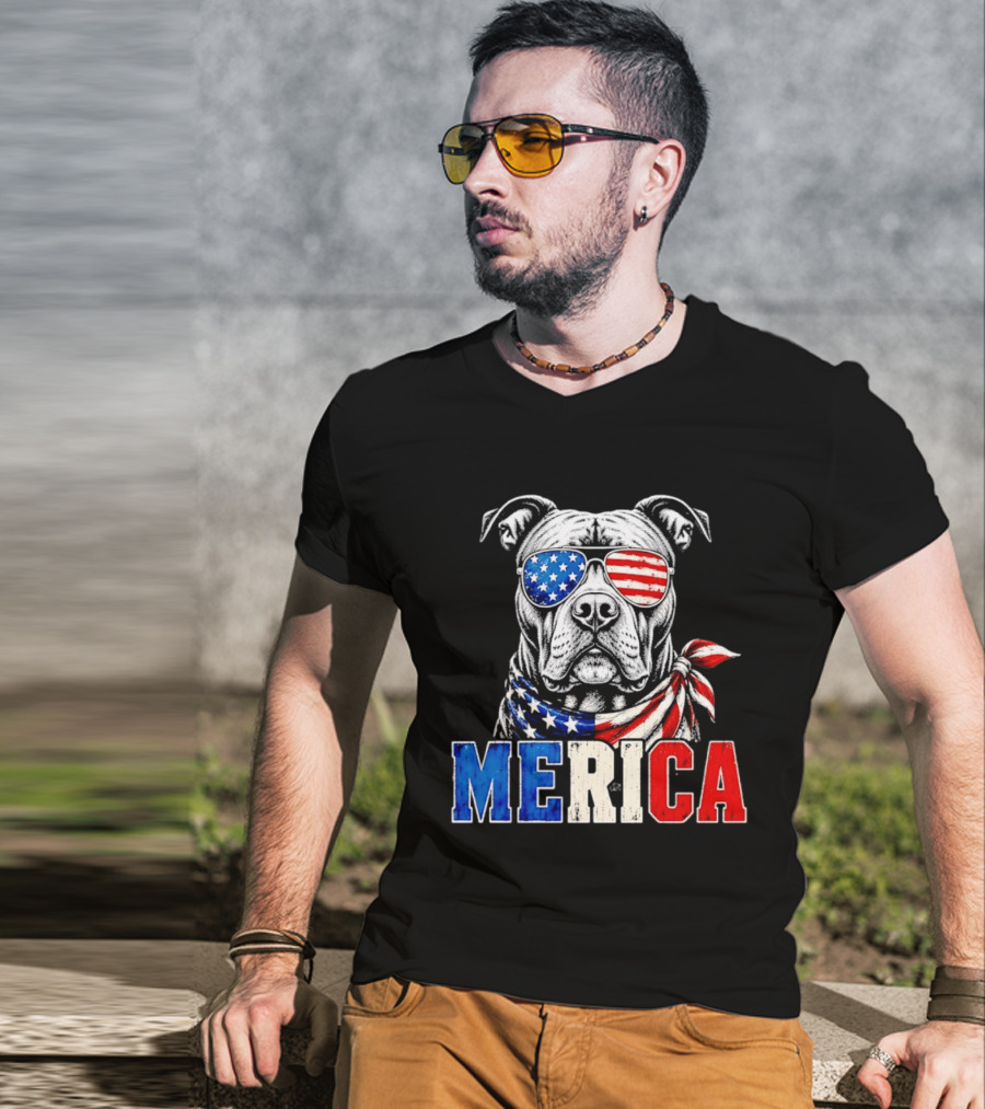 Patriotic Pit Bull Merica Dog With American Flag Sunglasses And Bandana T-Shirt