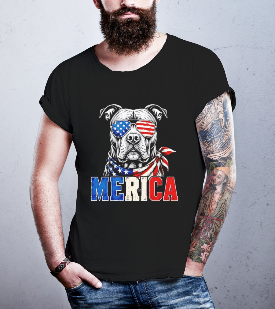 Patriotic Pit Bull Merica Dog With American Flag Sunglasses And Bandana T-Shirt