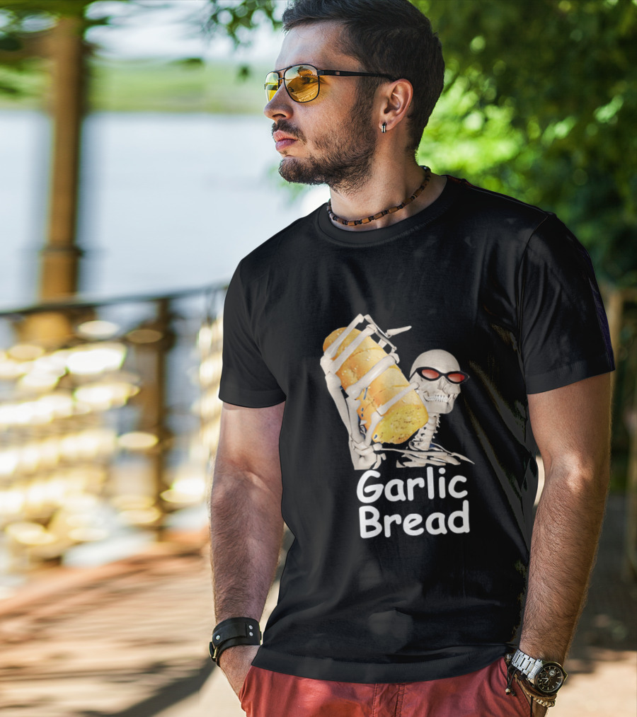 Skeleton Holding Baguette Garlic Bread Wearing Sunglasses T-Shirt