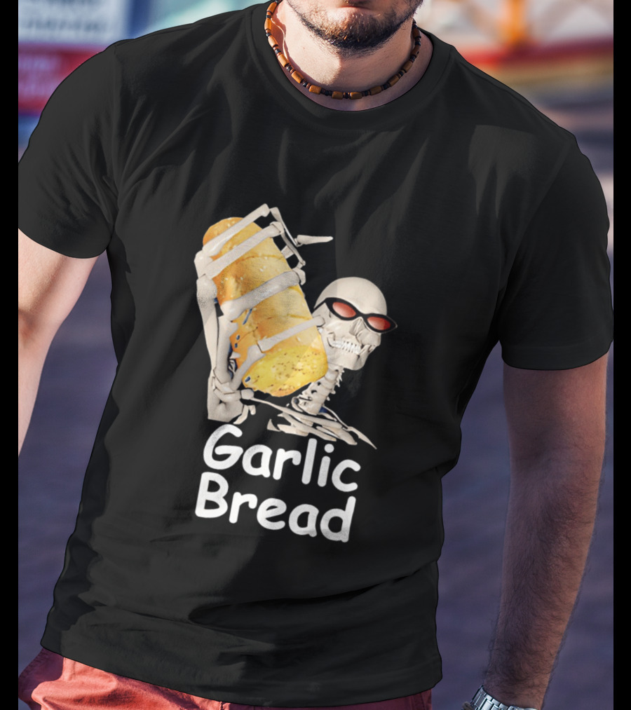 Skeleton Holding Baguette Garlic Bread Wearing Sunglasses T-Shirt