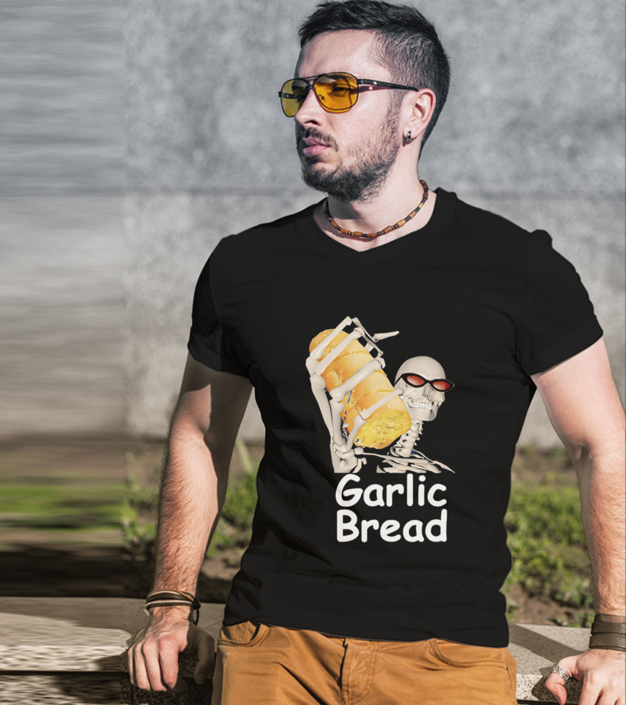 Skeleton Holding Baguette Garlic Bread Wearing Sunglasses T-Shirt
