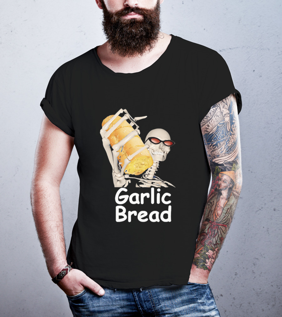 Skeleton Holding Baguette Garlic Bread Wearing Sunglasses T-Shirt