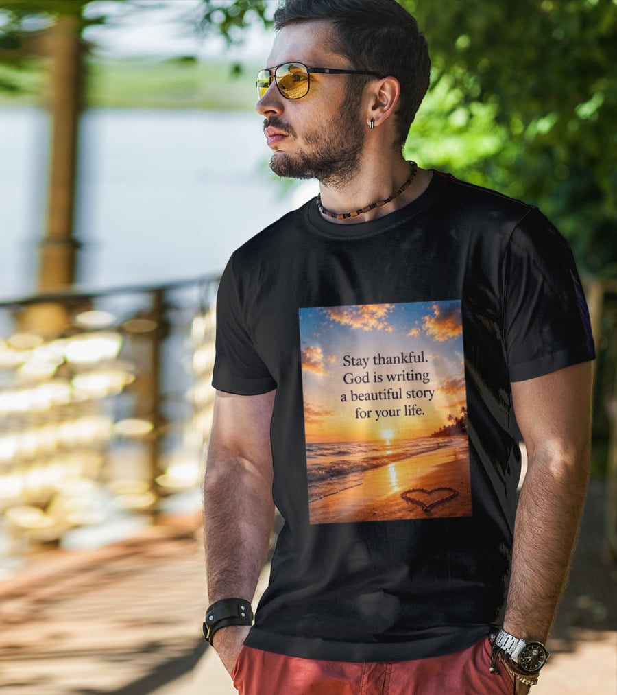 Stay Thankful God Is Writing A Beautiful Story For Your Life Heart Sunset Beach Scene T-Shirt