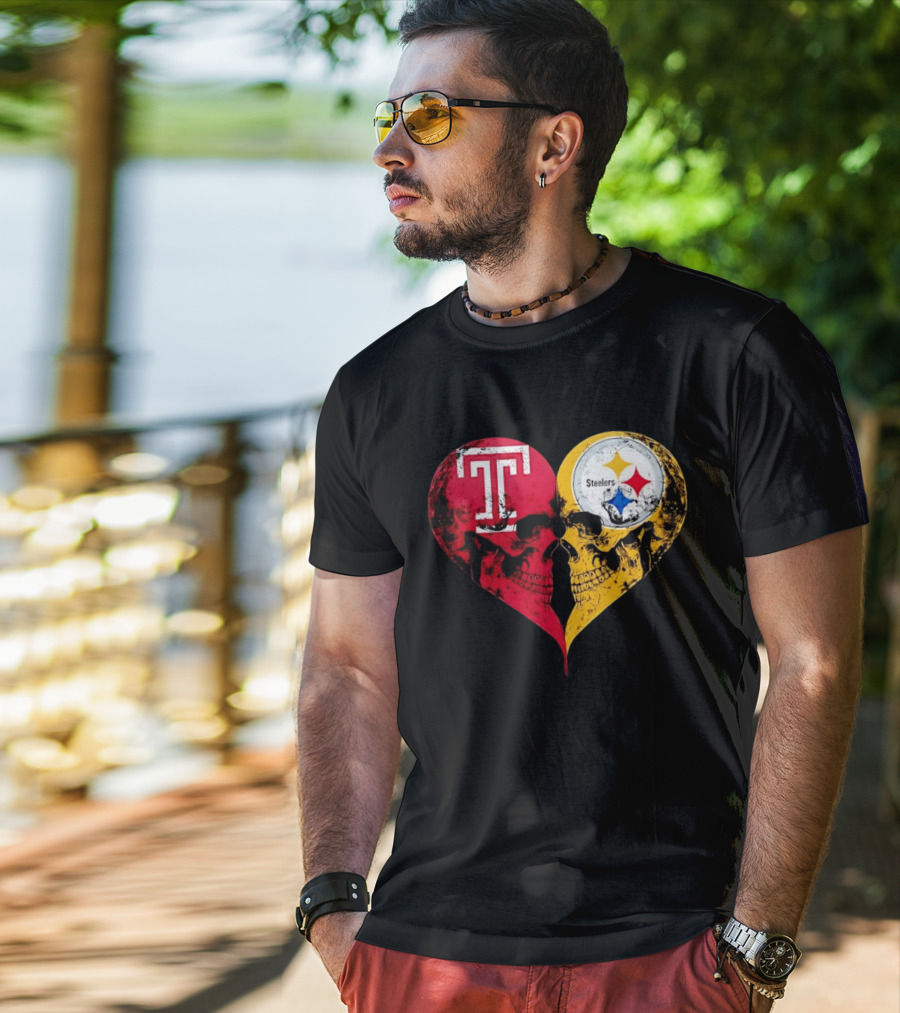 Temple Owls Pittsburgh Steelers Skulls Heart Shape Distressed T-Shirt