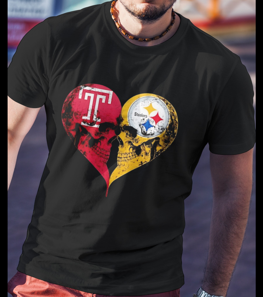 Temple Owls Pittsburgh Steelers Skulls Heart Shape Distressed T-Shirt