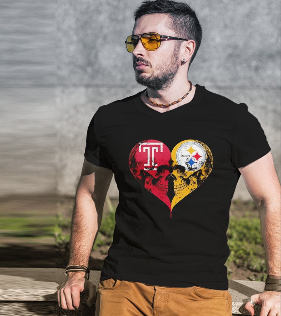 Temple Owls Pittsburgh Steelers Skulls Heart Shape Distressed T-Shirt