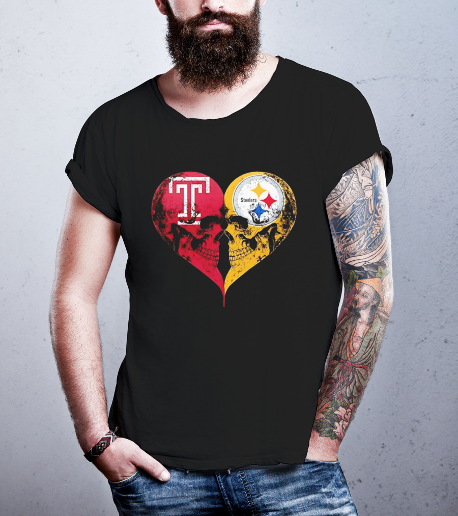 Temple Owls Pittsburgh Steelers Skulls Heart Shape Distressed T-Shirt