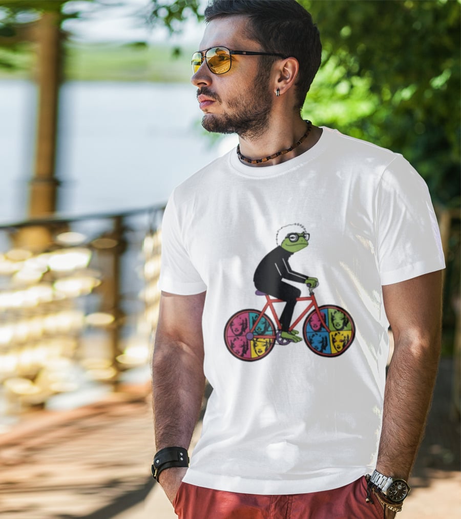Andy Warhol Style Frog On Pop Art Bicycle T-Shirt