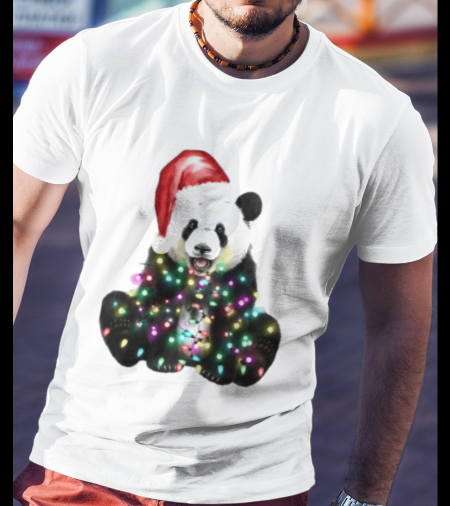 Panda With Christmas Lights And Santa Hat Holiday Animals T-Shirt