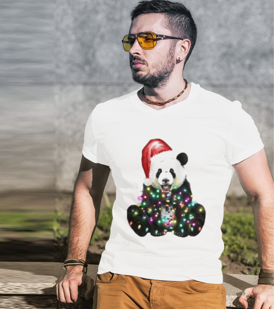 Panda With Christmas Lights And Santa Hat Holiday Animals T-Shirt