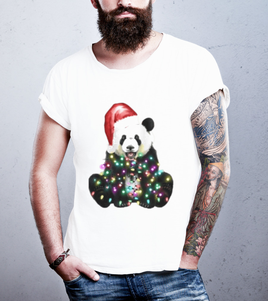 Panda With Christmas Lights And Santa Hat Holiday Animals T-Shirt