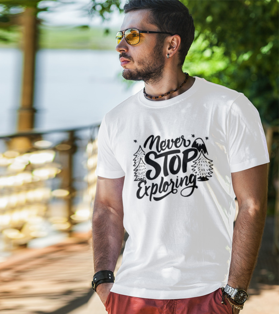 Never Stop Exploring Pine Trees Snowy Mountain Peak Stars T-Shirt