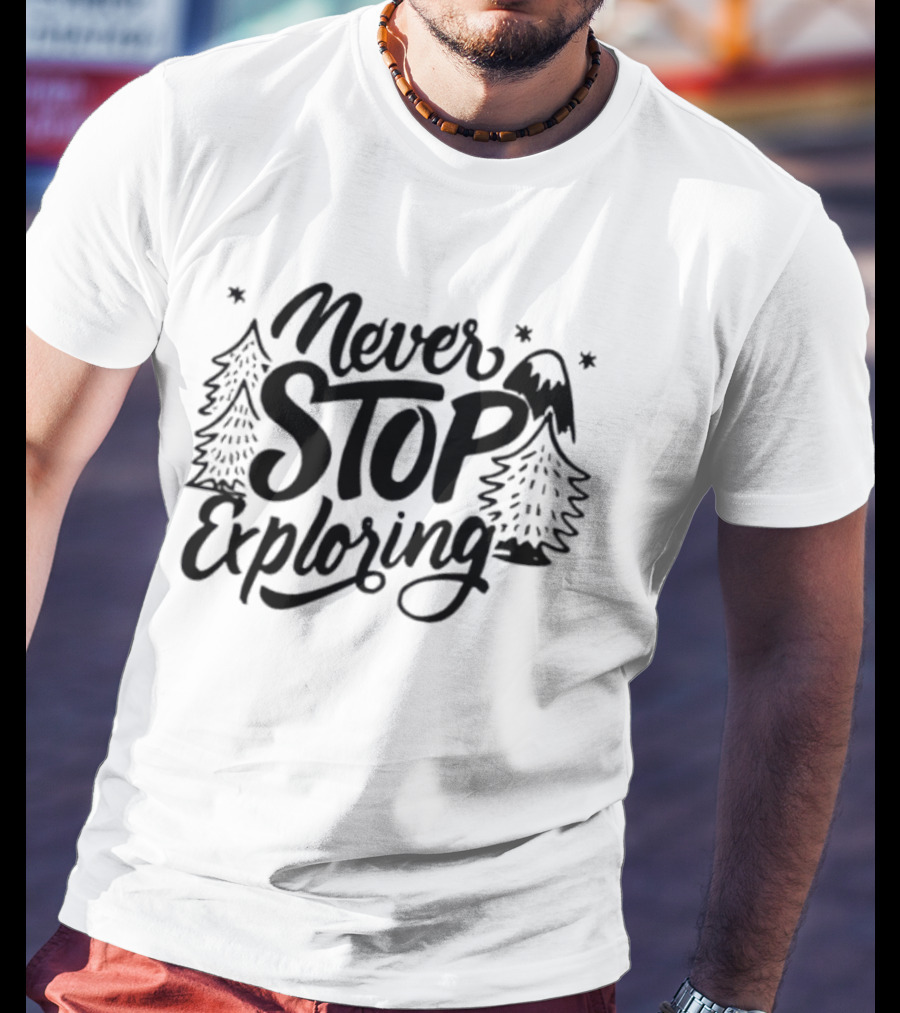 Never Stop Exploring Pine Trees Snowy Mountain Peak Stars T-Shirt