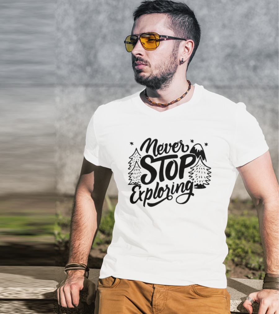 Never Stop Exploring Pine Trees Snowy Mountain Peak Stars T-Shirt