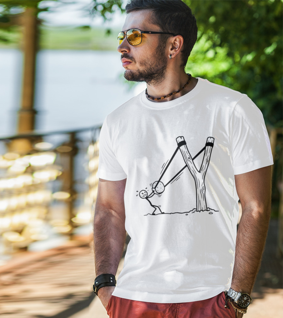 Stick Figure Slingshot Cartoon Pulling Back T-Shirt