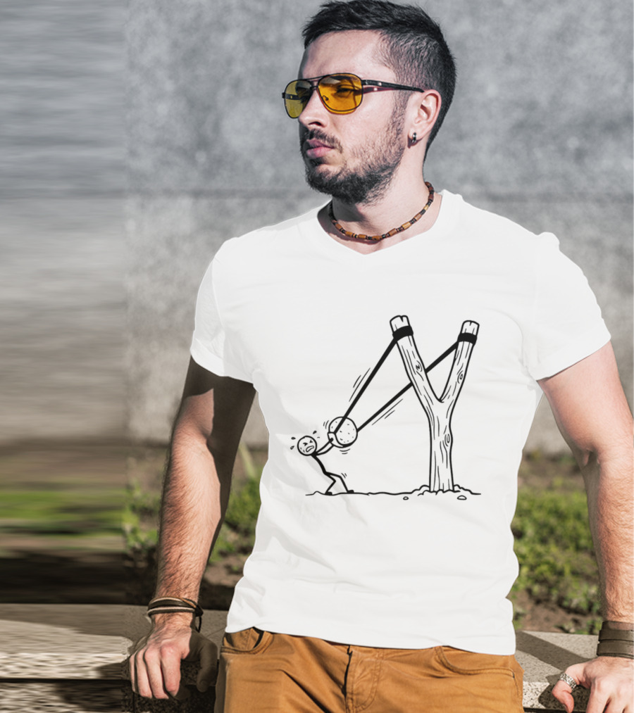 Stick Figure Slingshot Cartoon Pulling Back T-Shirt