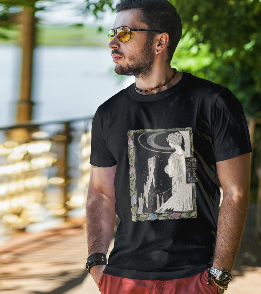 Angel Nouveau Unraveled Floral Frame Illustrative Art Winged Celestial Figure T-Shirt