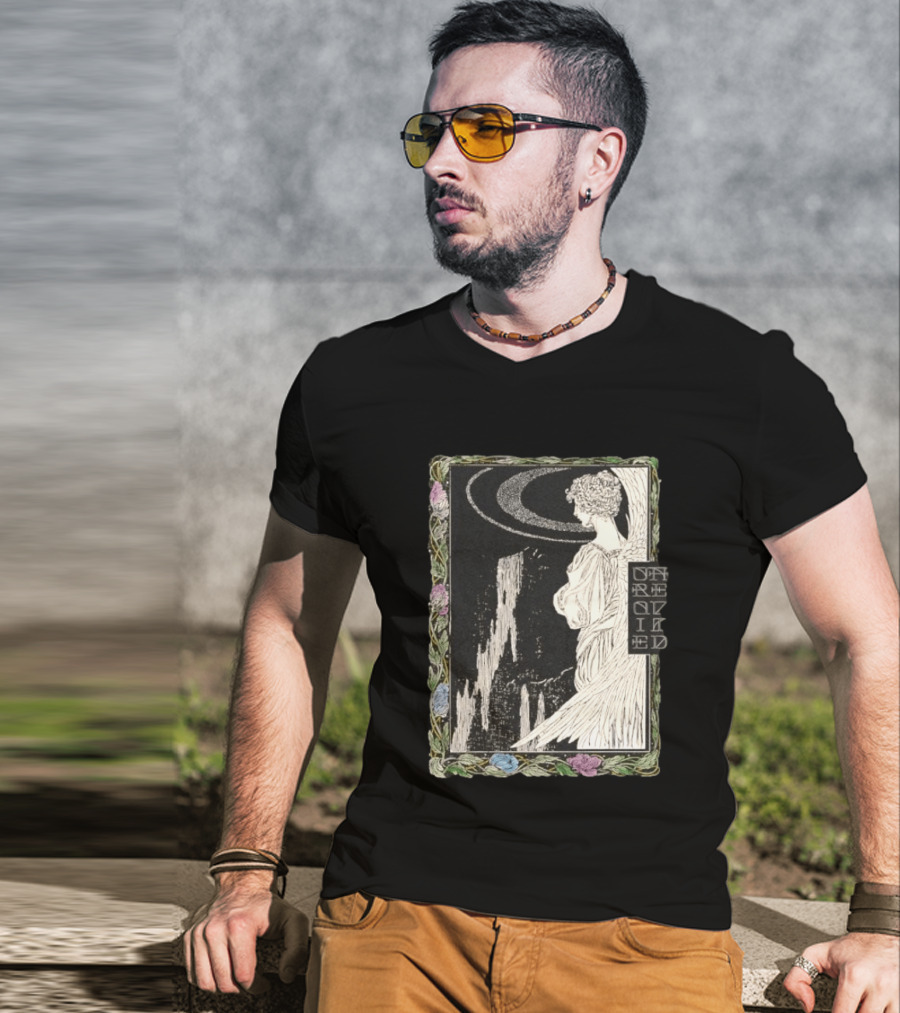 Angel Nouveau Unraveled Floral Frame Illustrative Art Winged Celestial Figure T-Shirt